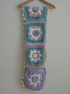 Handmade crochet thick table runner purple blue and green